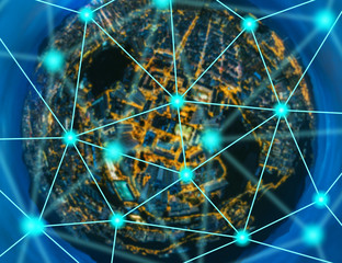 Communication and Networking concept with cityscape on background 