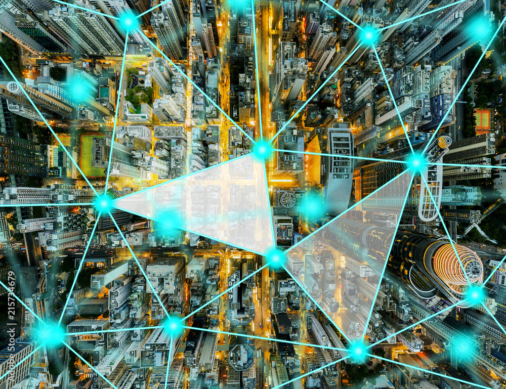 Poster communication and networking concept with cityscape on background