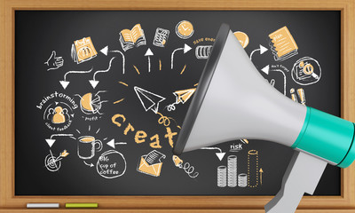 3d Blackboard with business sketch and megaphone.