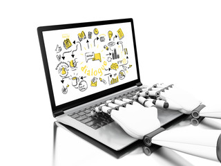 3d illustration. Robotic hands typing on a laptop with business sketch