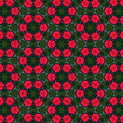 red, pink and purple flowers in a geometric circular repeating pattern over green leaves texture. for textile, fabric, backdrop, background, template and festive surface designs. pattern swatch at Ai