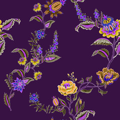 Fototapeta na wymiar Seamless pattern with Indian ethnic ornament elements. Folk flowers and leaves for print or embroidery. Vector illustration.