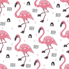 Fototapeta premium Pink flamingo pattern. Exotic bird in safari. Abstract illustration in scandinavian style. Design for textile, wrapping, fabric.