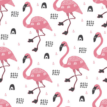 Pink flamingo pattern. Exotic bird in safari. Abstract illustration in scandinavian style. Design for textile, wrapping, fabric.