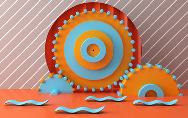 Scene with colored gears, minimal background, paper in the form of a zigzag, 3D render