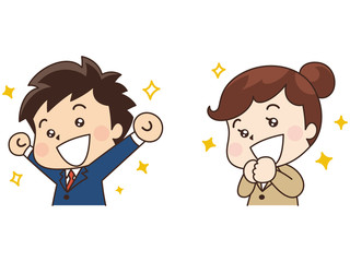 喜ぶスーツの男性と女性