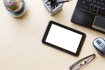 office table with office supplies. view from above with copy space