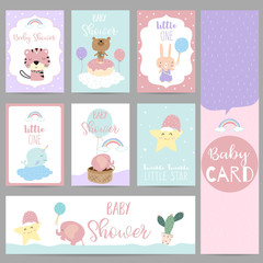 Fototapeta na wymiar Pink blue violet pastel greeting card with skunk,star,bear,balloon,narwhal,elephant,cactus,cloud and basket