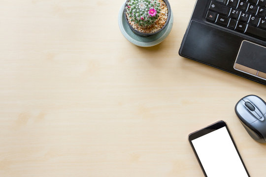 Office Table With Office Supplies. View From Above With Copy Space