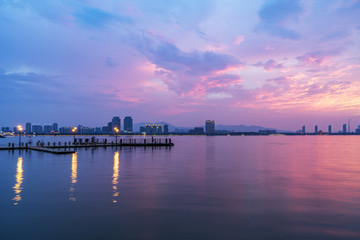 Fototapeta na wymiar The beautiful lake wharf and the sky in Yixing, China
