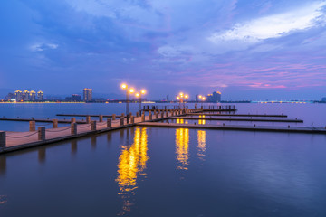 Naklejka premium The beautiful lake wharf and the sky in Yixing, China