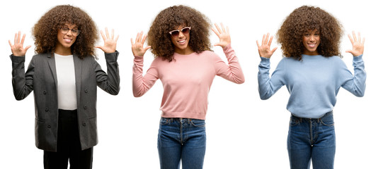 African american young woman wearing different outfits showing and pointing up with fingers number ten while smiling confident and happy.