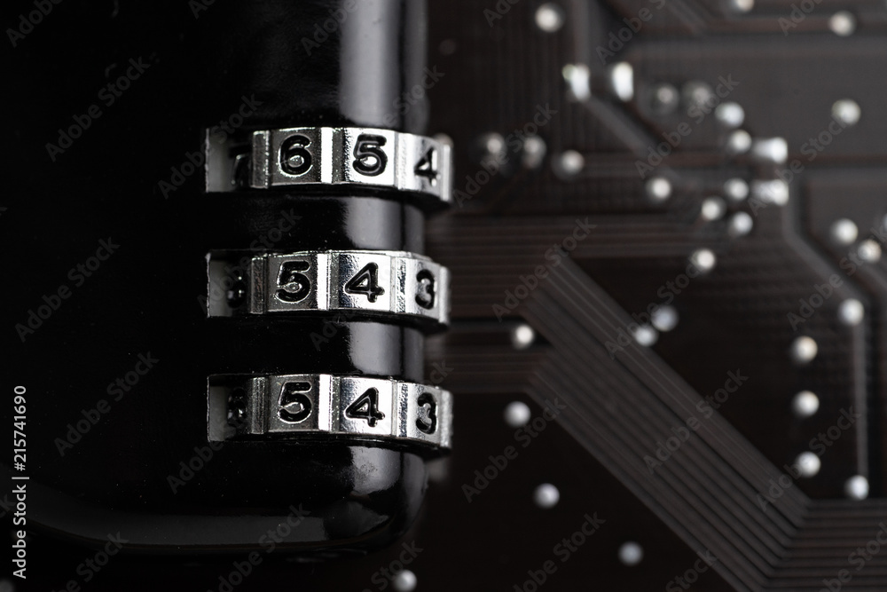 Aufkleber digital cyber safety or security concept, code numbers on combination lock on computer circuit board