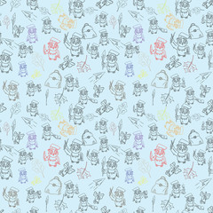 seamless pattern outline_4_sketch illustration on school theme, bird owl holding a variety of school subjects for learning