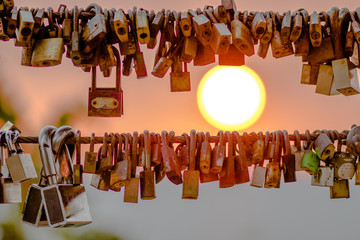 Chanthaburi: February 22, 2018, key decoration for tourists to hang on the edge of the evening at Noen Nangphaya Viewpoint, Sanamchai, Na Yai Am District, Thailand
