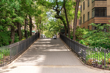 Residential street in Brooklyn Heights Historic District with empty abandoned stroller, New York,...