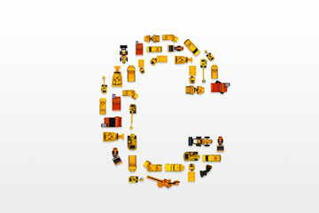 English letters formed by arrangement of Car toy diecast on the white background , Top view