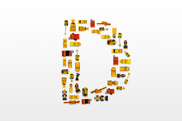 English letters formed by arrangement of Car toy diecast on the white background , Top view
