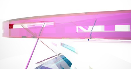 Abstract white and colored gradient glasses interior multilevel public space with window. 3D illustration and rendering.