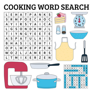 Cooking word search game for kids. Vector illustration for learning English
