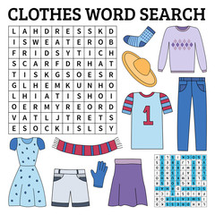 Clothes word search game for kids