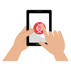hand using tablet with molecule dna