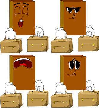 Books with two suitcase. Cartoon book collection with sad faces. Expressions vector set.