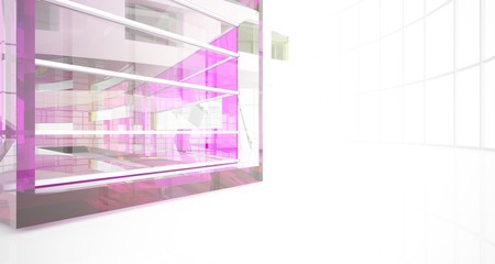 Abstract white and colored gradient glasses interior multilevel public space with window. 3D illustration and rendering.