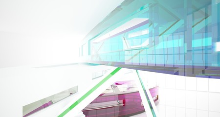 Abstract white and colored gradient glasses interior multilevel public space with window. 3D illustration and rendering.