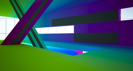 Abstract white and colored gradient  interior multilevel public space with window. 3D illustration and rendering.