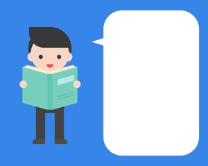 Cute businessman holding a book with speech bubble, flat design for poster, template of advertising or announcement