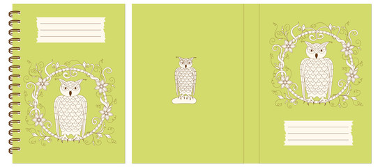 Design notebook with owl into floral frame