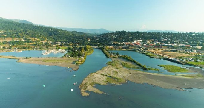 Hood River Oregon Waterfront Aerial View Looking Towards Mt Hood