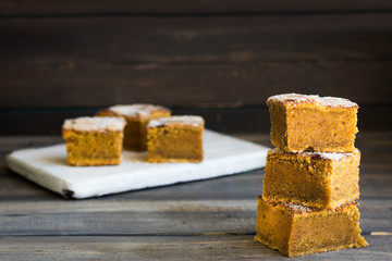 Homemade pumpkin bars with sugar-cinnamon crust