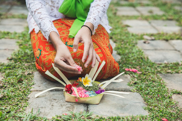 balinese woman doing ritual offering canang sari and praying at 