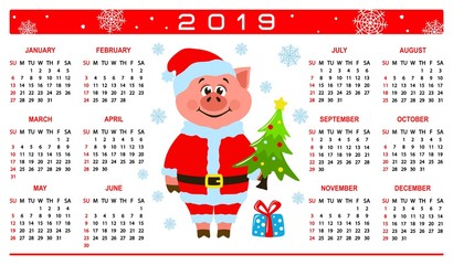 Colorful calendar 2019 with a pig in Santa Claus costume. Cartoon character, christmas tree and gift box on a white background. Week starts on Sunday. Basic grid. Flat style. Vector illustration.