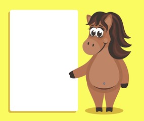 Cute brown Horse with white banner or board. Template for your text. Cartoon  character on yellow background. Place your text on blank sheet. Flat style. Colorful vector illustration.