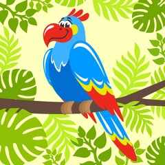 Colorful parrot with blue feathers sits on a branch. Background with tropical forest and palm leaves. Cartoon colorful character. Vector illustration.