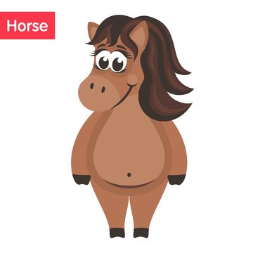 Cute brown Horse. Funny cartoon character on white background. Flat design. Isolated object. Colorful vector illustration for kids.