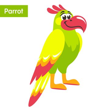 Green parrot with yellow wings and a pink beak. Cartoon colorful character for children. Flat style. Vector illustration.