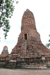 The Main Phra Prang or pagoda in the ruins of ancient remains at Wat Worachet temple, it built in 1593 AD in the Ayutthaya period.