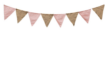 Hanging party flags decorations with copy space isolated on white background, Design vintage items...