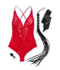 whip for sexual games, red sexy lace body, anal plug, eye patch isolated on white background,...