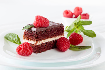 Chocolate cake with raspberry and mint.