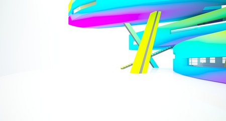 Abstract white and colored gradient  interior multilevel public space with window. 3D illustration and rendering.