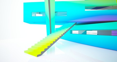 Abstract white and colored gradient  interior multilevel public space with window. 3D illustration and rendering.