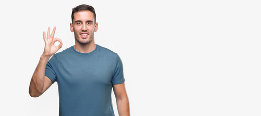 Handsome young casual man smiling positive doing ok sign with hand and fingers. Successful expression.