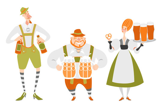 Oktoberfest set of funny cartoon characters in Bavarian costumes. People with beer on a white background. 