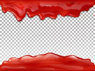 Foto op Plexiglas Jam flow seamless vector illustration of realistic 3D syrup splash and drops of red berry or fruit marmalade. Liquid drips on transparent background for candy or sweet dessert package design template © vectorpouch