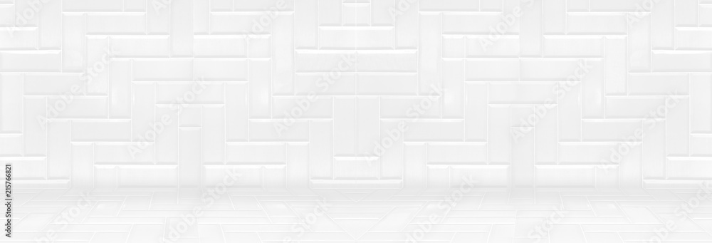 Poster empty white clean ceramic tile wall and floor background,minimal simple style interior backdrop.pano